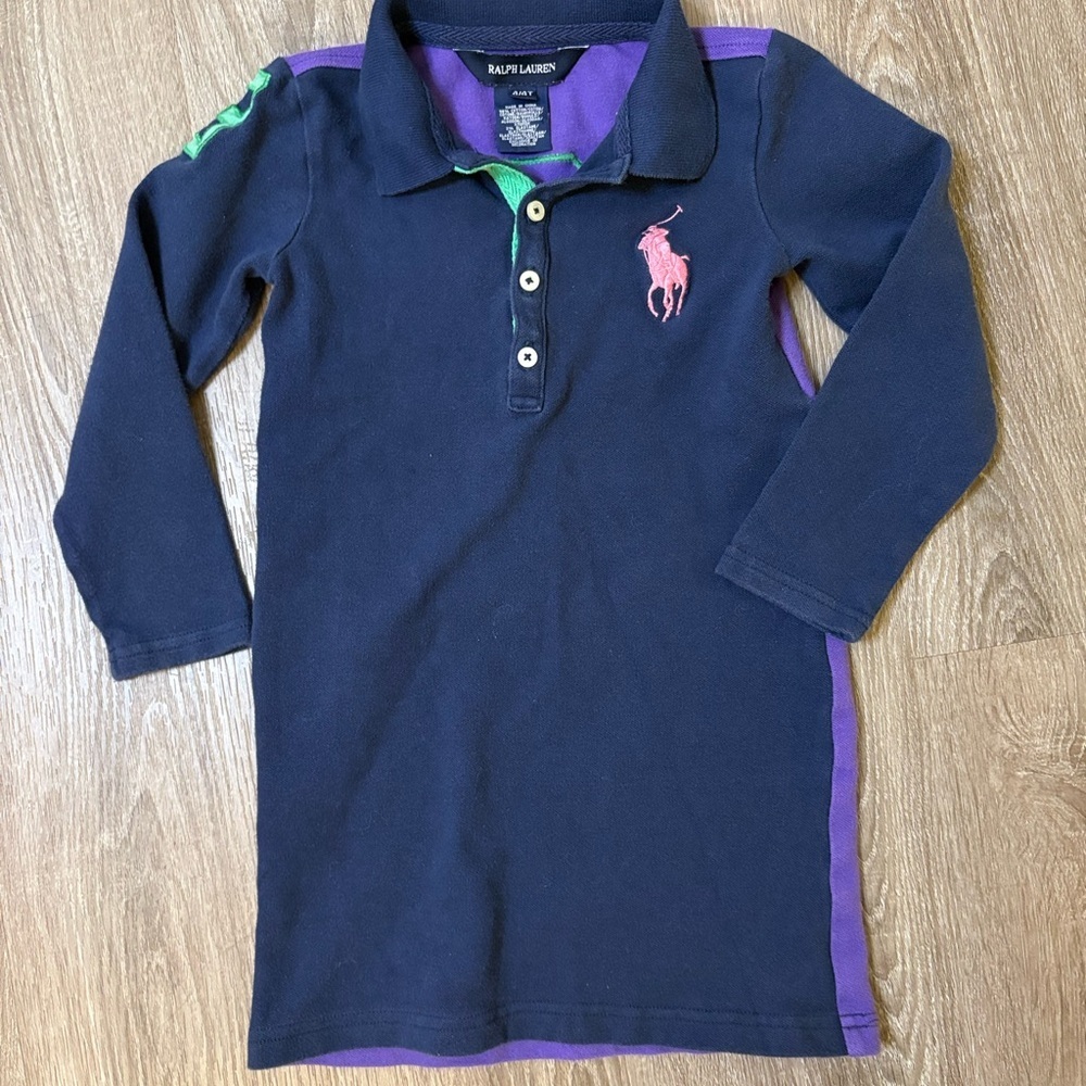 Ralph Lauren Kids Polo Dress in Navy & Purple Sz 4T Preppy Colorblock Rugby GUC - Picture 1 of 6